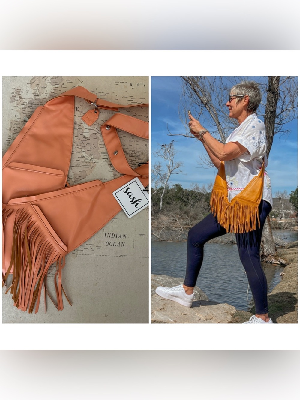 🆕The Sash Bag Crossbody Leather Full Fringe Orange Cream NWT